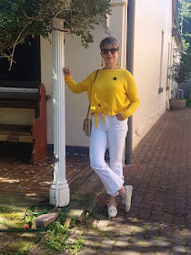 White cropped jeans, yellow jumper