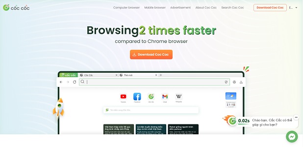 A screen capture image showing Coc Coc web browser homepage