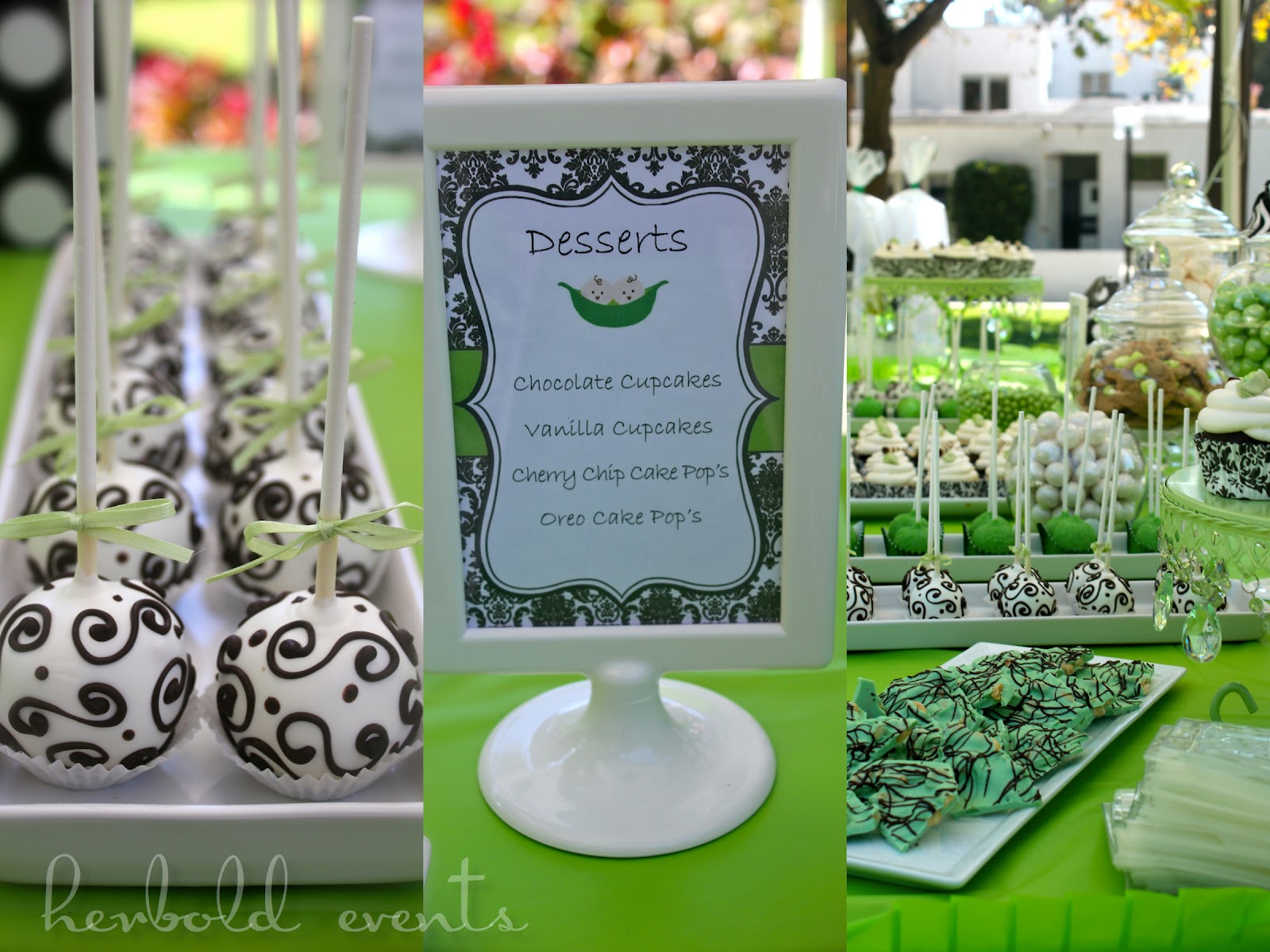 baby shower cake pops display Peas in a Pod} Lime Green & Damask Twin Baby Shower