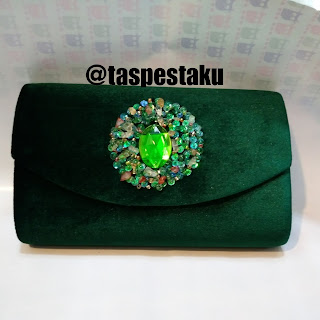 Tas Pesta Bahan Kain Bludru Hijau Botol