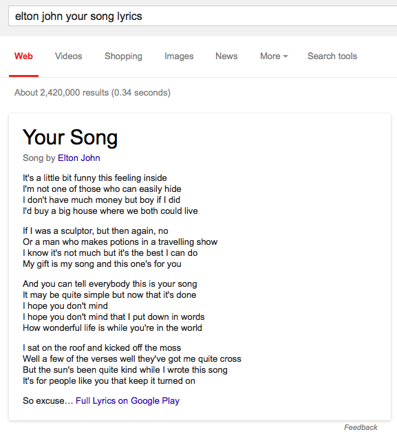 Lyrics Card in Google Search