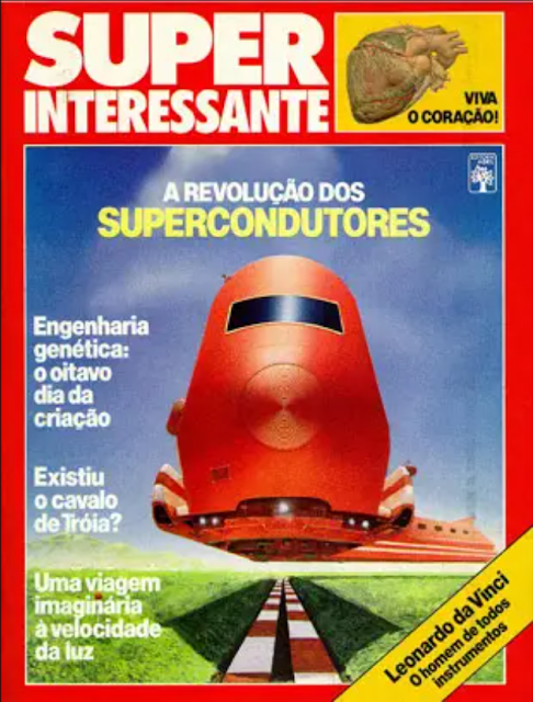 Com a manchete “A Revolução dos Supercondutores” sob o céu azulado, a imagem mostra um trem-bala vermelho sobre uma linha ferroviária num campo verde.