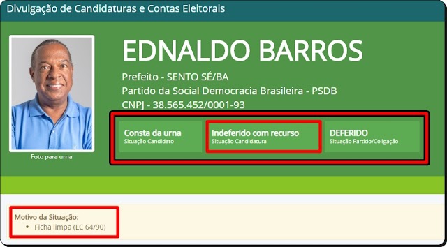 ELEIÇÕES 2020: CANDIDATURA PARA PREFEITO EM SENTO-SÉ DE EDNALDO BARROS, MAIS UMA VEZ, É INDEFERIDA 