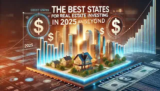 A modern city skyline with skyscrapers, real estate signs, and dollar symbols representing investment opportunities. The title is prominently displayed in bold, eye-catching text. The background has a futuristic and prosperous feel with warm lighting, creating a sense of growth and opportunity.