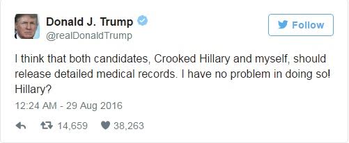 Donald Trump challenges Hillary Clinton to release detailed medical records 