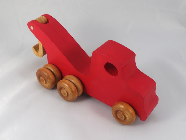 Red Wooden Toy Tow Truck, Handmade and Painted in Your Choice of Colors and Amber Shellac, from Easy 5 Truck Fleet Collection