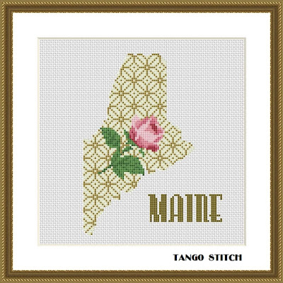 Maine USA state map flower ornament cross stitch pattern, Tango Stitch