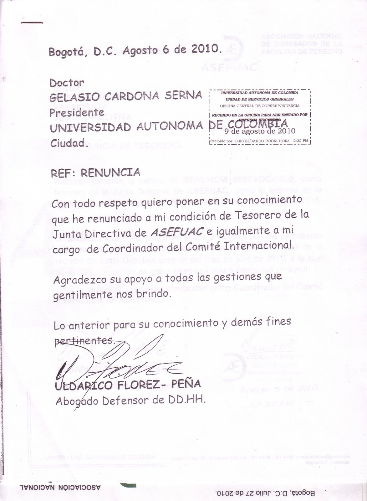 ALMA MATER JUSTICIA Y DERECHO: CARTA DE RENUNCIA AL 