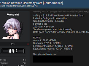 actor malicioso (MSPAINT) vende datos en un foro de hacking de una universidad ecuatoriana