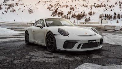 White Porsche Car, Sports Car, Snow, Mountains