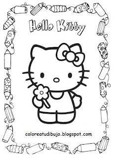 Hello Kitty con flor para colorear