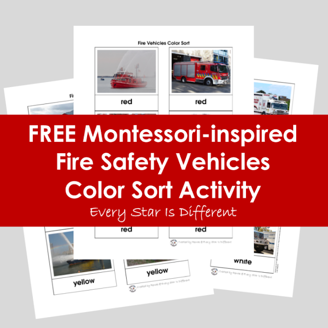 FREE Montessori-inspired Fire Safety Vehicles Color Sort Activity