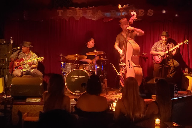 The T Blues Band, with SaRon Crenshaw (left) and Jr. Mack (right) at Terra Blues on July 11