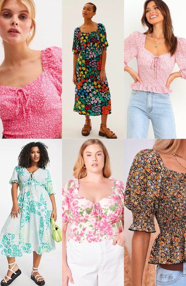 A collage of shirred tops and dresses in florals