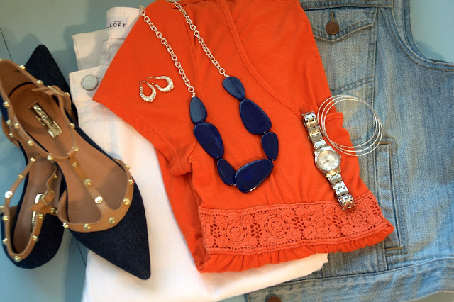 orange and blue with white jeans