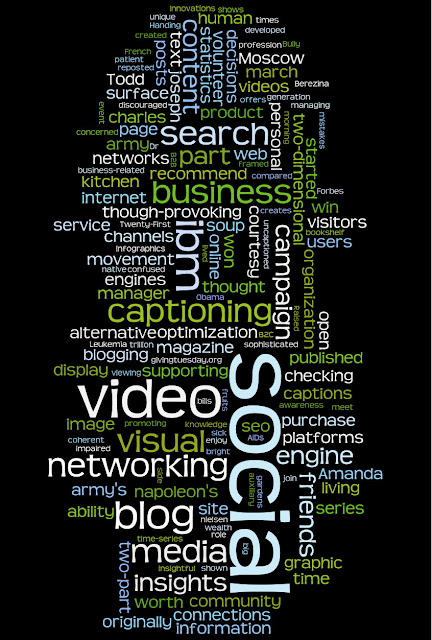 The word cloud shows words in different size fonts -- the larger the word, the more times it appeared in my blog. The top words in order of size are: social, video, ibm, blog, neworking, media, business, search, captioning, insights and engine.