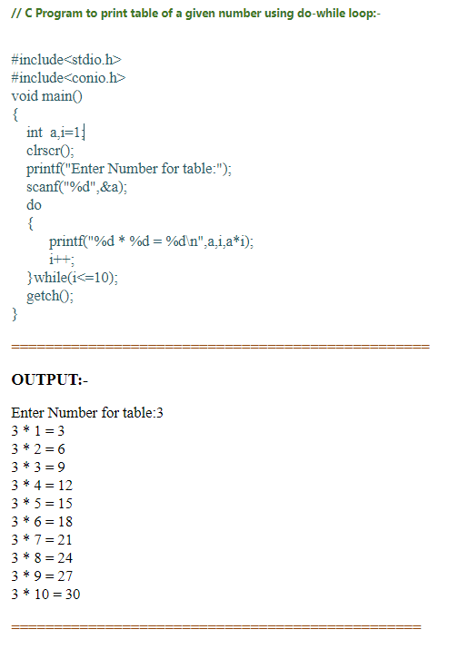 C Program to print table of a given number using do-while loop