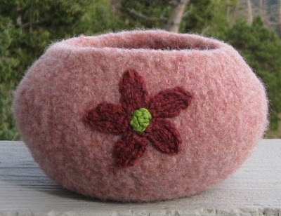 pink felted bowl with flower