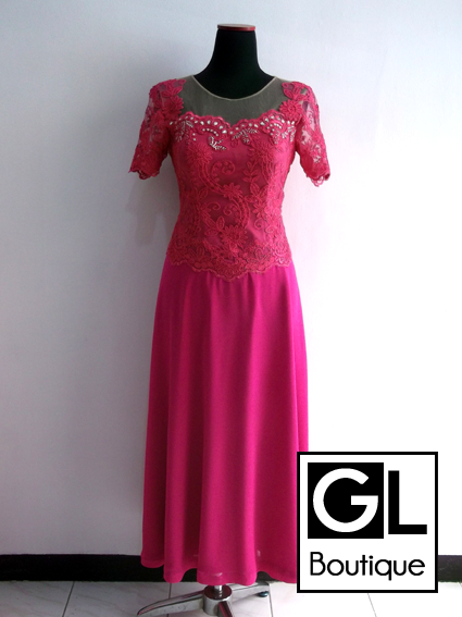 Gaun Pesta Mama Panjang Fuchsia Brokat Sifon