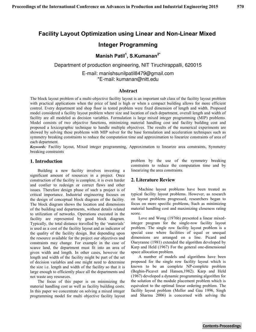 Pdf Facility Layout Optimization Using Linear And Non Linear Mixed Integer Programming Pdf Facility Layout Optimization Using