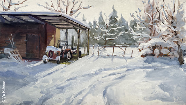 Traktor und Schuppen im Schnee, gemalt, Pleinairmalerei