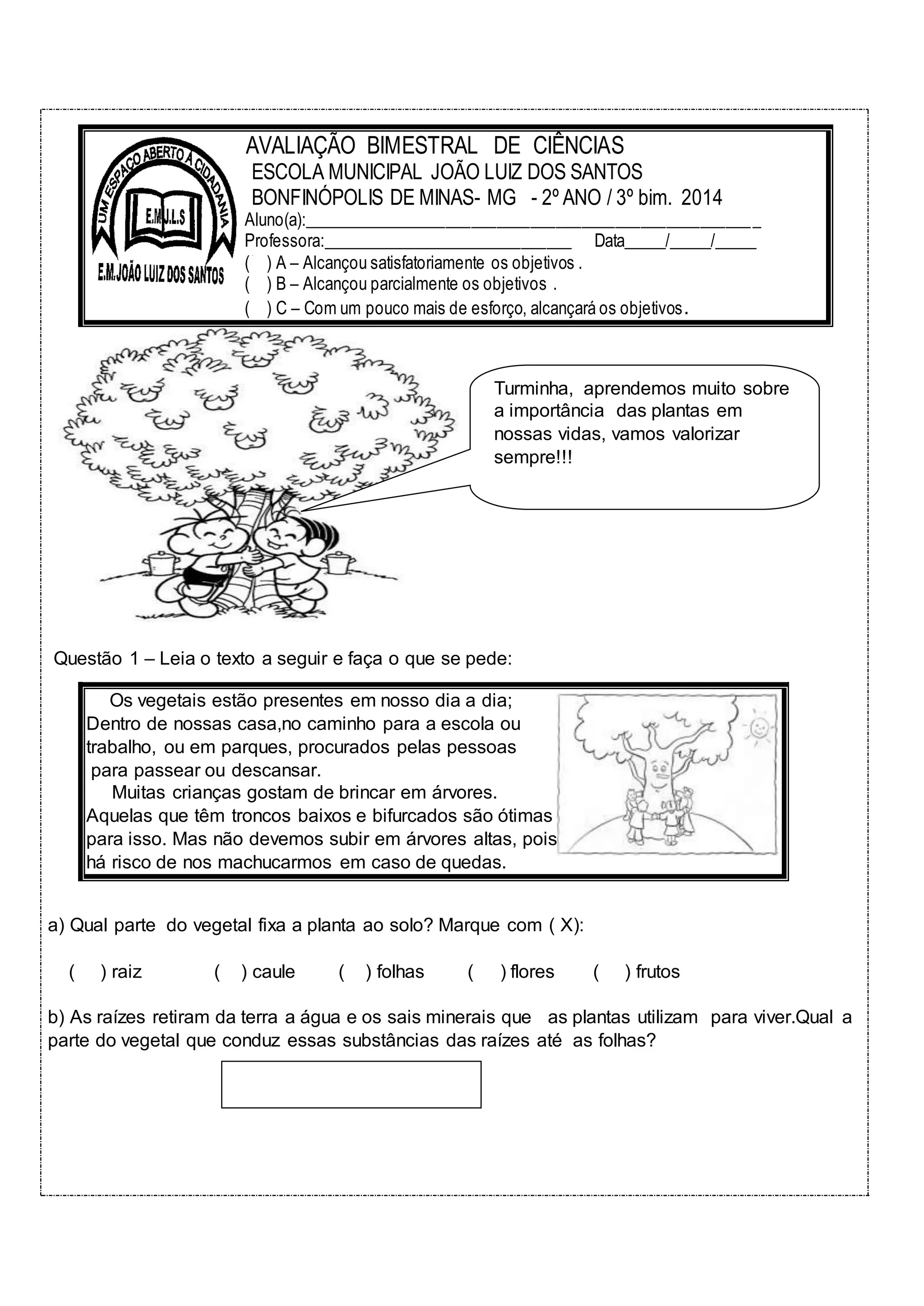 Avaliação de Ciências 2 ano Fundamental para imprimir