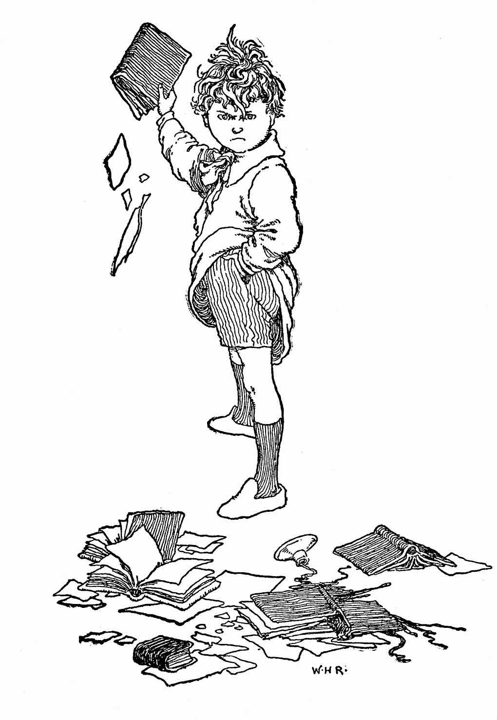 a W. Heath Robinson illustration of a schoolboy rejecting his books
