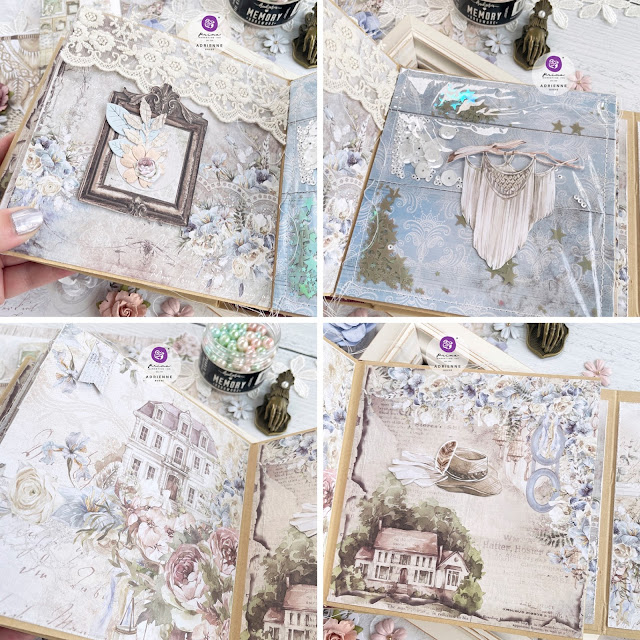 Shabby chic mini album created with Prima Marketing Frank Garcia Memory Hardware Album, Bohemian Heart collection, and Postcards from Paradise collection.