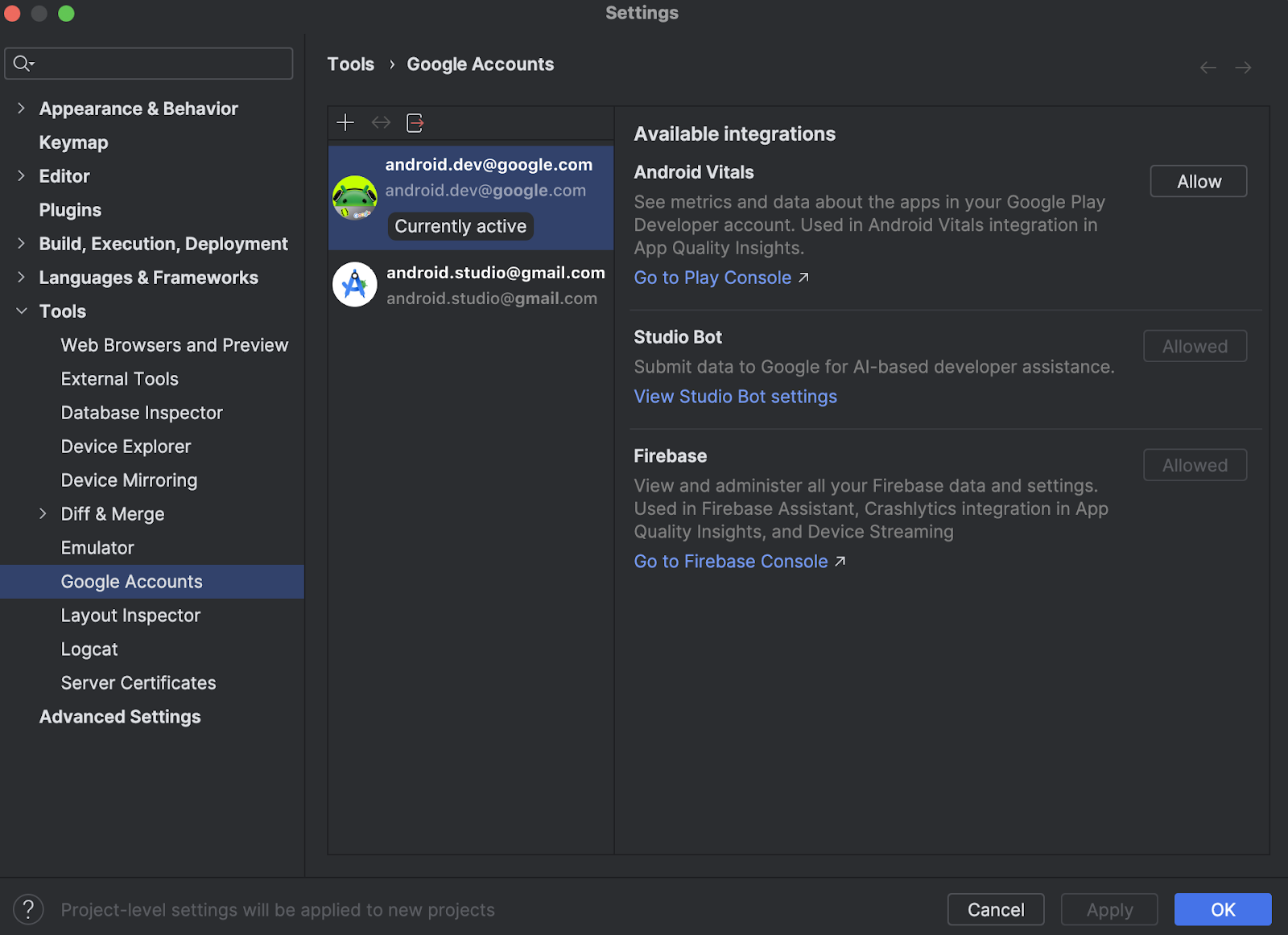 Manage login settings in Android Studio