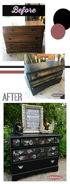 BEFORE AND AFTER PRIMA REDISGN COLOR TRANSFER DARK ROMANCE Vintage maple dresser turned romantic vintage Floral  color transfers and general finishes lamp black milk paint