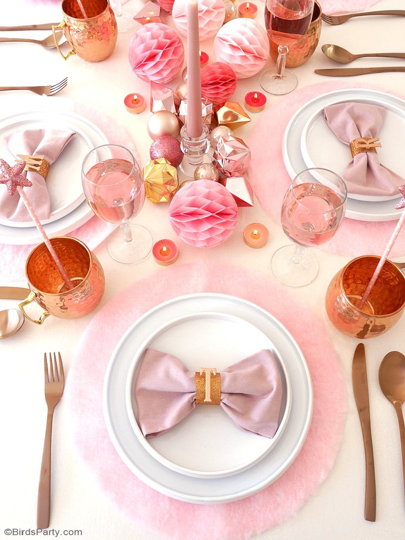 DIY No-Sew Pink & Fluffy Table Place Mats - learn to craft these pretty, quick and easy place-mats for your holiday tablescapes or party tables! by BirdsParty.com @birdsparty #diy #diyplacemats #diychristmastabledecor #diychristmas #christmastable #christmascrafts #pinkchristmas #pinkplacemats