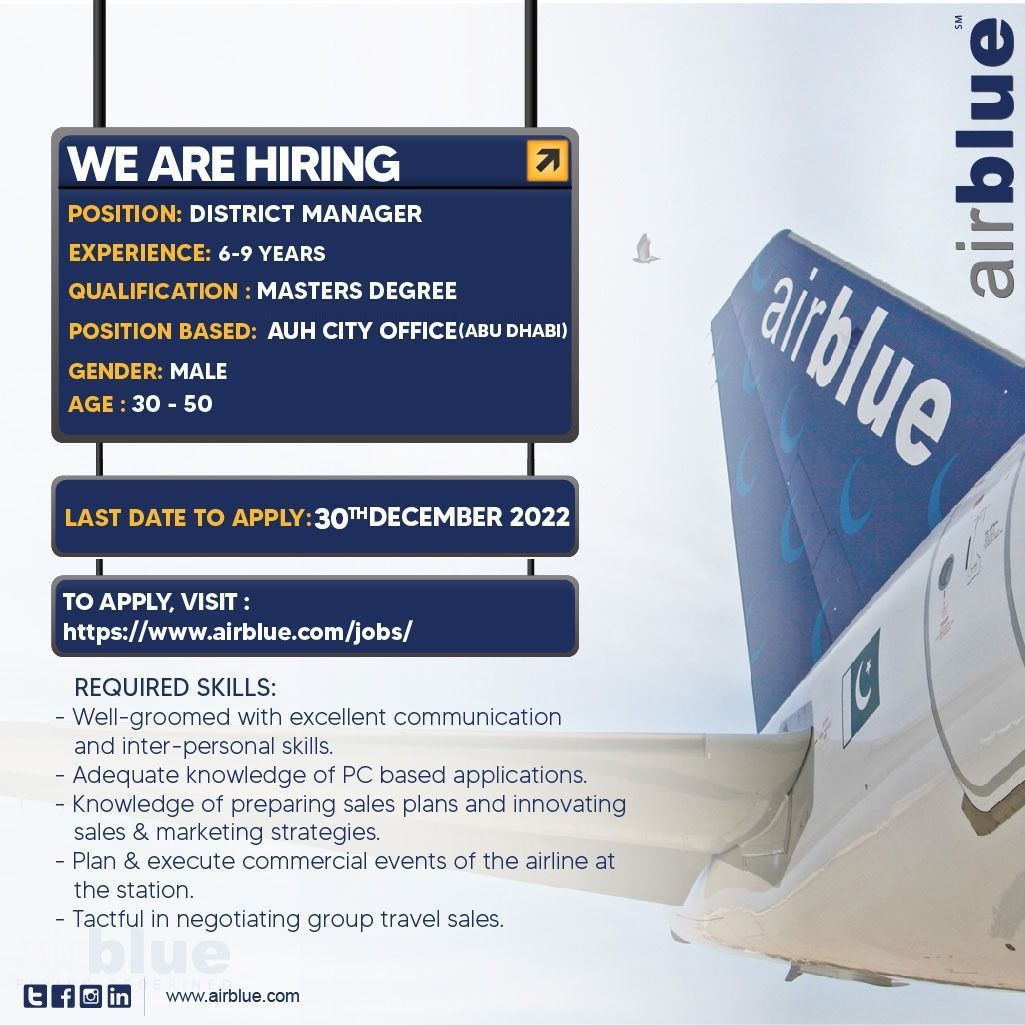 AirBlue Airline Pakistan looking for the Post of District Manager- (AUH)