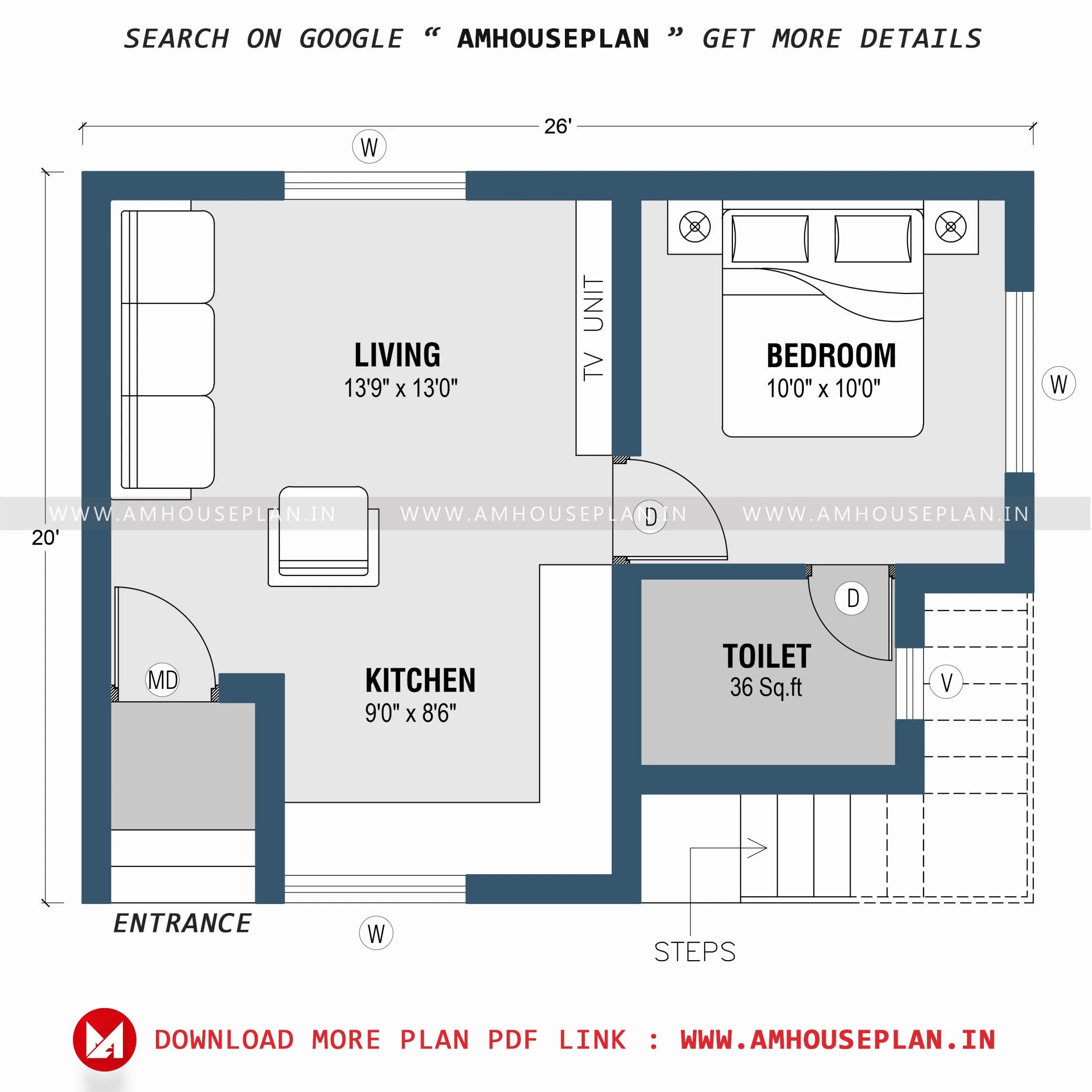 26 x 20 House plan of 1BHK house 2025