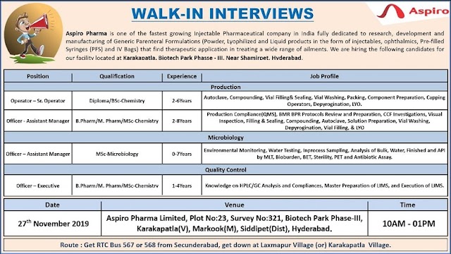 Aspiro Pharma| Walk-in at Hyderabad for Multiple Departments on 27 Nov 2019 | Pharma Jobs in Hyderabad