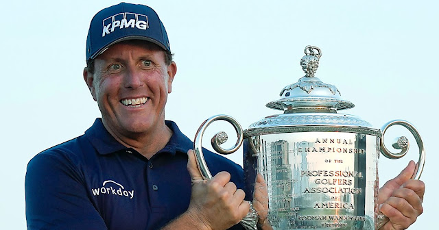 Phil Mickelson Holds 2021 PGA Championship Trophy