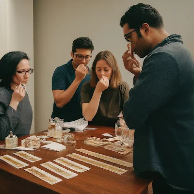 A group perfumery students testing odors