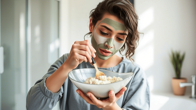 A modern-day person creating a skincare product or herbal remedy inspired by ancient Egyptian practices, such as mixing ingredients in a bowl or applying a mask to their face. The setting should be clean and well-lit.