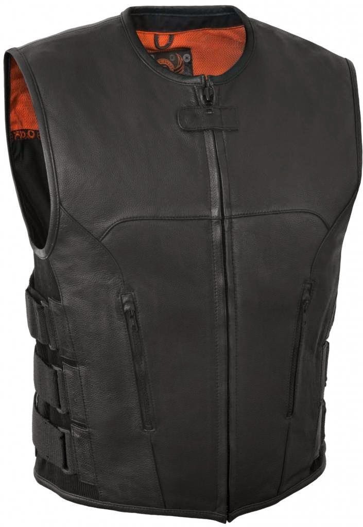 True Element Mens Swat Team Style Leather Motorcycle Vest with Side Size Adjustment