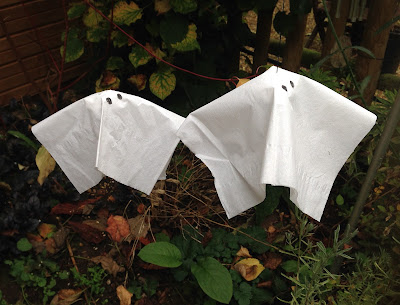 Two Halloween ghosts made from paper hankies, for Adrienne Wyper's Made it! craft blog