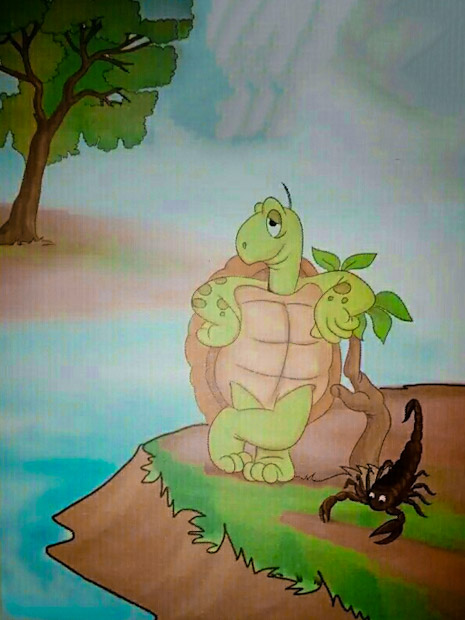 The turtle and the scorpion are near the stream.