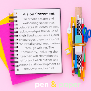 Image of an open spiral notebook resting on top of pink and yellow pieces of paper next to a bunch of pens, pencils, scissors fastened with an elastic. The text on the notebook reads: To create a warm and welcoming space that celebrates students’ voices, acknowledges the value of their lived experiences, and encourages them to explore their reality and imagination through writing. The community, including the teacher, will champion the efforts of each author and support skill development to empower and inspire.