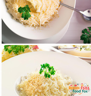 The first image shows the creamy risotto mixture being served in a bowl, topped with Parmesan cheese and parsley. The second image shows a close-up of the risotto, with the creamy texture visible. The third image shows a serving of risotto with a fork, ready to be eaten.