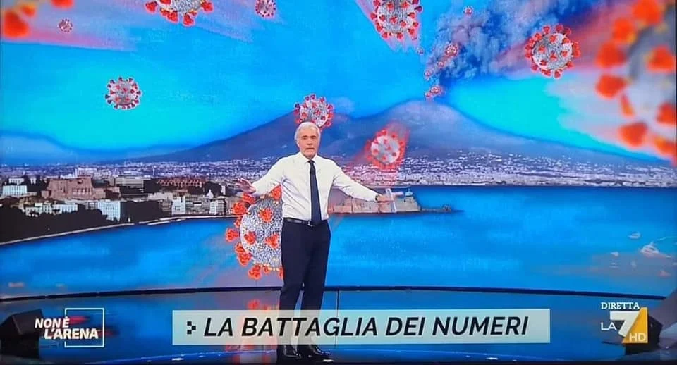 Massimo Giletti e l'immagine del Vesuvio che erutta coronavirus