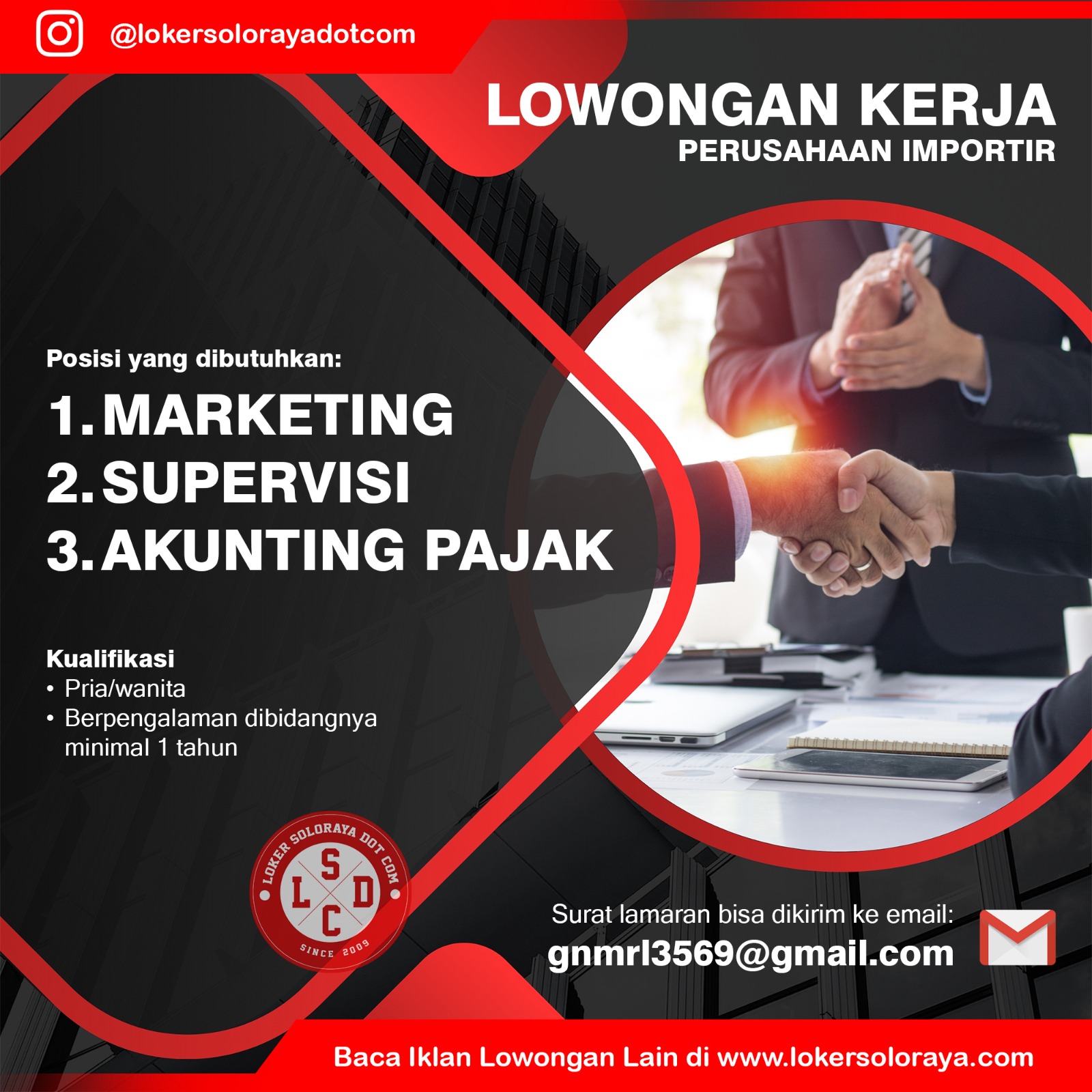 Loker Marketing, Supervisi, Akunting Pajak di Perusahaan Importir Solo