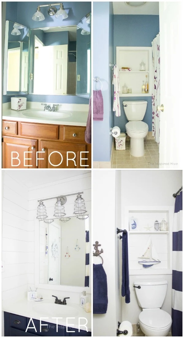 Before and after nautical bathroom makeover. A combined kids and guest bath.