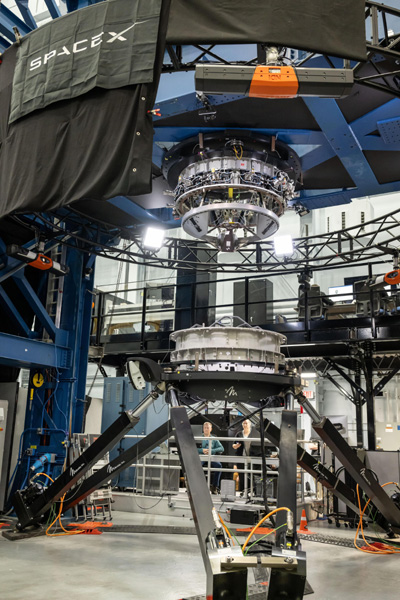 The docking system that will be used to connect SpaceX's Starship lunar lander to the Orion capsule or Gateway space station during Artemis missions is tested at NASA's Johnson Space Center in Houston, Texas.