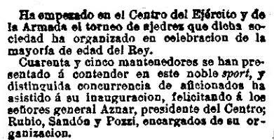 Recorte de La Correspondencia en España del 2 de mayo de 1902 sobre el primer campeonato de España individual de Ajedrez