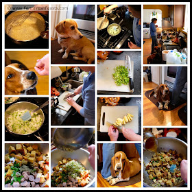 collage image showing behind the scenes in the kitchen during Thanksgiving with plenty of dogs getting treats