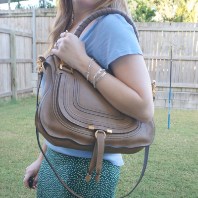 Chloe Marcie medium shoulder bag in nut on shoulder with blue tee and green skirt | awayfromtheblue