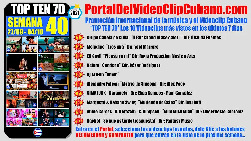 Artistas ganadores del * TOP TEN 7D * con los 10 Videoclips más vistos en la semana 40 (27/09 a 03/10 de 2021) en el Portal Del Vídeo Clip Cubano